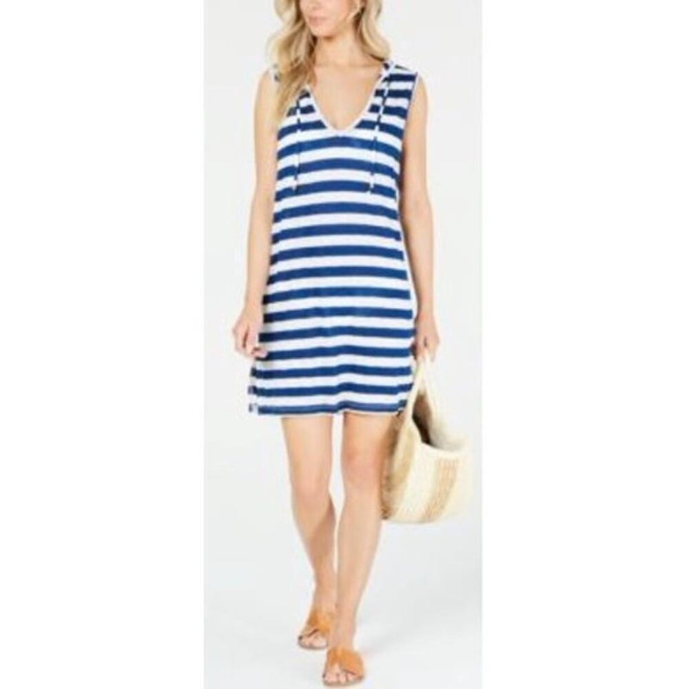 Miken Hoodie Swim Cover Up Blue White Stripe Large NEW